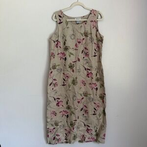 Vintage Petite 14P Linen Floral Sleeveless Midi Dress Pop Over Shift Dress